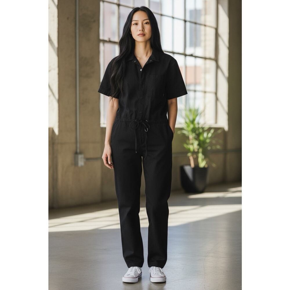 Finisterre Jumpsuit UK 12 US 8 Black Organic Cotton Drawcord Waist Pockets